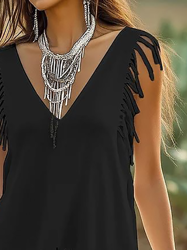 Ethnic Chic Fashion - Black Fringed Casual Sleeveless Top For
