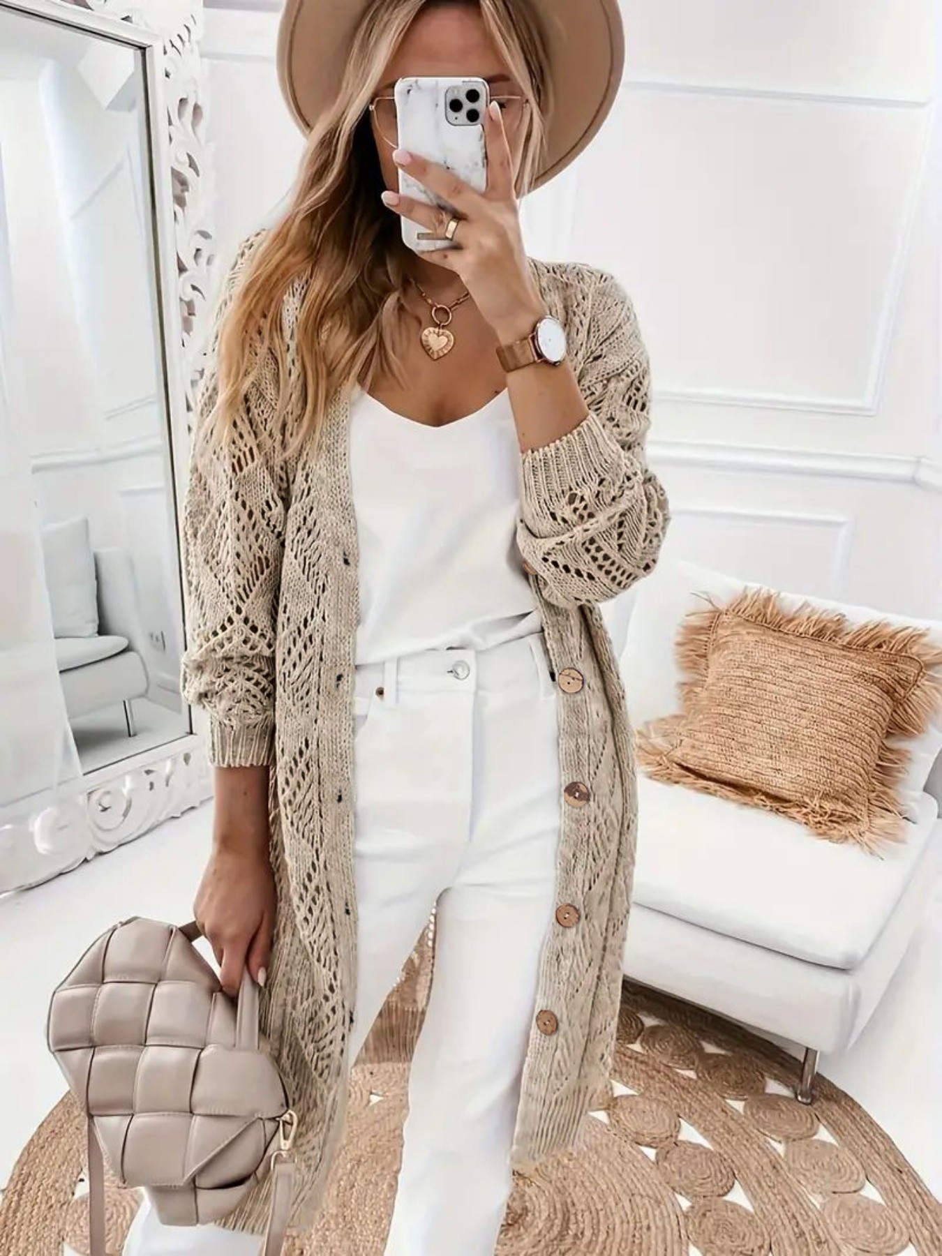 Ethnic Fashion India - Women's Loose Fit Lace Knit Cardigan