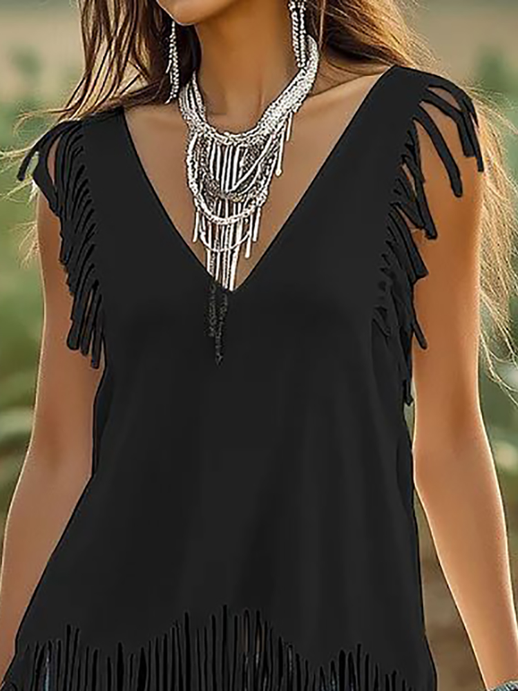 Black Fringed Casual Sleeveles – Ethnic Chic Fashion Bewertung und Preis